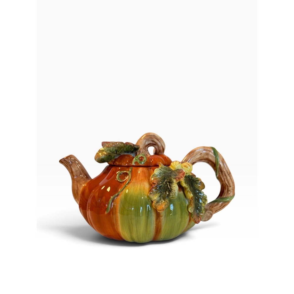 Spode Harvest Collection Pumpkin Lidded Teapot Majolica Fall Autumn Hand Painted